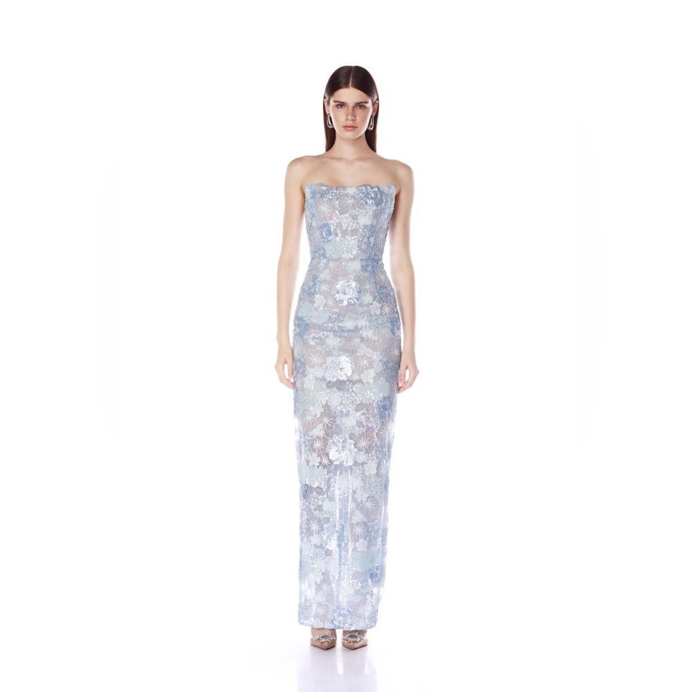 NWOT BRONX AND BANCO Farah Ocean Blue Sequin Multi Strapless Maxi Dress